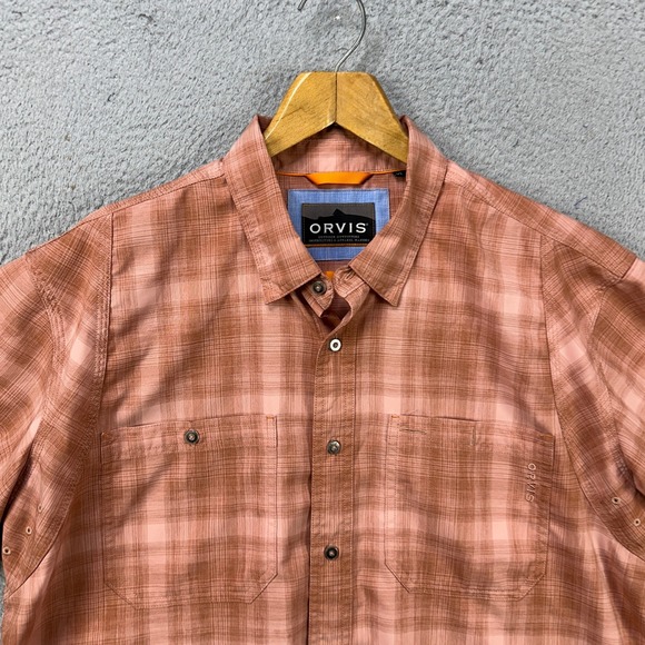 Orvis Shirt Button Up Mens XL Brown Pink Plaid Active Fit Short Sleeve Pocket